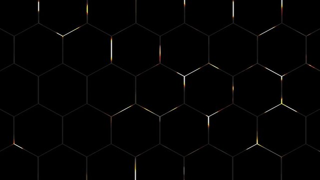 hexagon grid pattern with shiny contour lines isolated on black background, motion design texture template for chemistry technology backgrounds