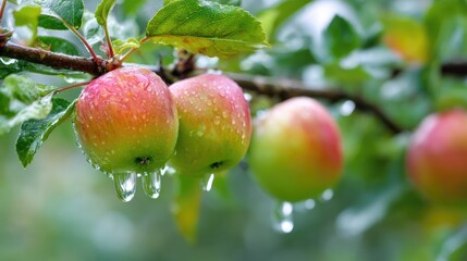 Obraz premium Fresh Juicy Apples with Raindrops on Branch Surrounded by Lush Green Foliage in Natural Light - Perfect for Seasonal Themes and Healthy Living Concepts