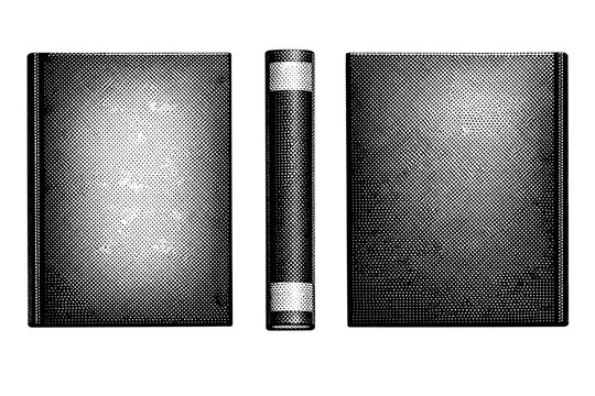 Hardcover book jacket halftone template. A single hardcover book jacket template shown in three views: front cover view, spine view, and back cover view,