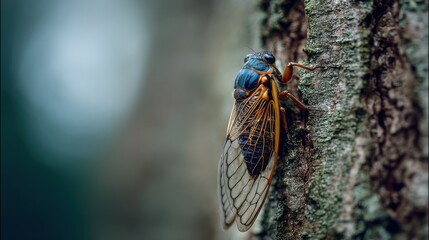 Close-up of a cicada perched on a textured tree bark, showcasing intricate wing patterns and vibrant colors in a natural outdoor setting