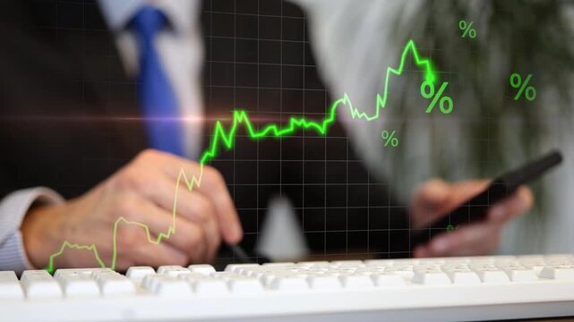 Percentage sign and financial data chart animation showing business sale growth, market price and discount concept