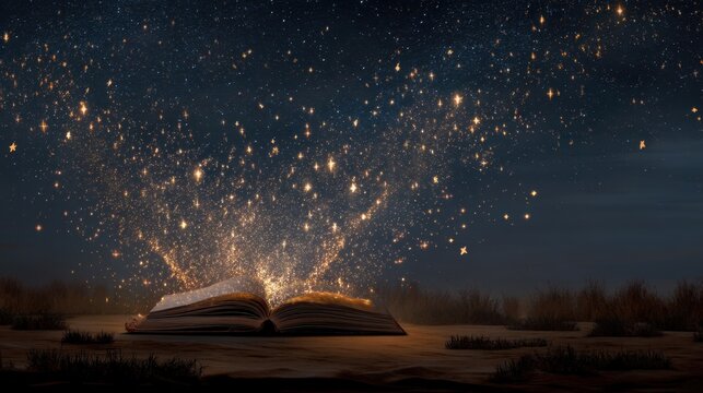 Open book with glowing stars and magical sparkles emerging from its pages against a night sky filled with stars and a dark landscape in the background