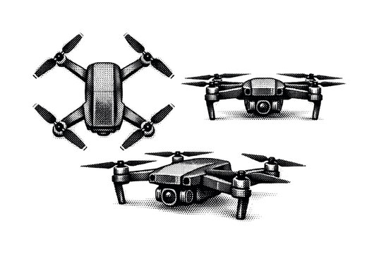 Black and white halftone tech icon camera drone A compact camera drone is represented as a single object displayed from three different