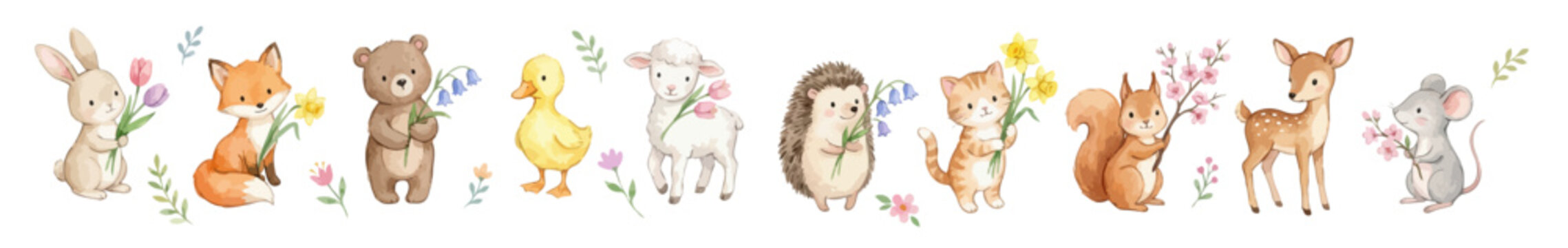 Watercolor spring animals clipart: bunny, fox, bear, duck, lamb, deer, mouse. Collection of Vector illustrations. Perfect for invitation, card, poster, banner, decoration 