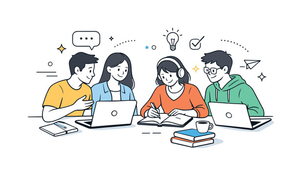 University students teamwork. A small group of students collaborates around a table with laptops and notebooks open. Focused study mood with