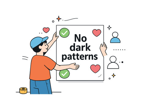 ethical UX commitment. A designer placing a poster on the wall that says ?No dark patterns? with icons of hearts, checkmarks, and user
