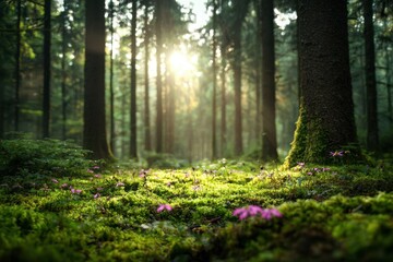 Fototapeta premium Tranquil forest glade with soft sunlight filtering through tall trees, illuminating green moss and delicate pink flowers, creating peaceful and serene natural scene