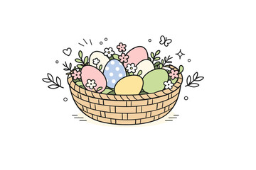 Easter natural basket styling. Minimal flat-lay of woven basket filled with pastel eggs, small flowers, and greenery, arranged organically. Calm, fresh, and