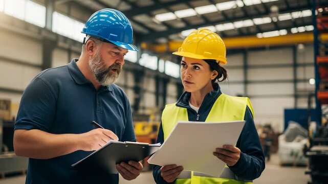 Male and female industrial workers reviewing documents and clipboard in warehouse