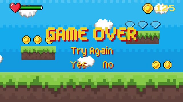 Colorful pixelated 'Game Over' screen for a classic platformer video game, featuring 'Try Again' options with 'Yes' and 'No', capturing the retro digital adventure
