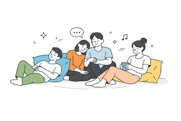 Fototapeta premium Low-energy socializing. A small group resting together on a sofa or floor cushions, minimal conversation and calm expressions. Social closeness without active