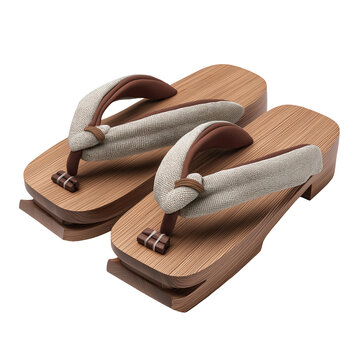 Traditional Japanese Geta Wooden Sandals Isolated on Transparent Background, Oriental Flip Flops Footwear with Fabric Straps for Culture and Travel Design Concepts