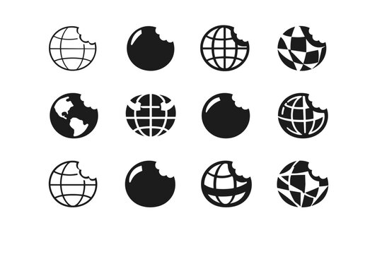 Food tasting tours. Icon set. Set Logo of Food tasting tours: globe with bite mark. harmonious logo variations of the same emblematic concept, each with