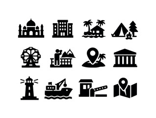 Naklejka premium Collection of travel and landmark icons representing diverse destinations and activities