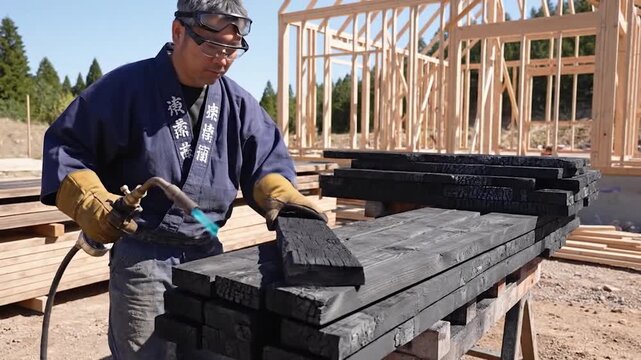 A skilled craftsman chars wooden planks with a blowtorch for preservation at