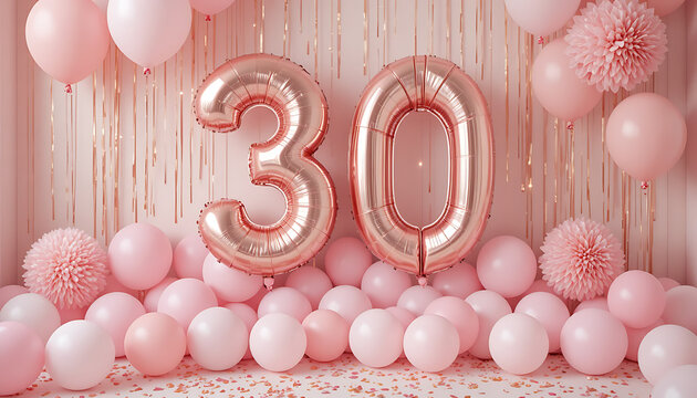 Pink balloons and streamers celebrating thirtieth birthday party