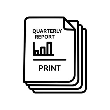 A stack of quarterly report documents with a bar graph icon on the top page, simple black and white design.