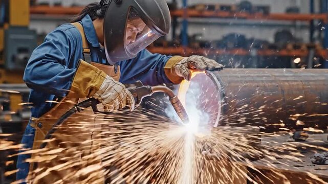 Industrial worker performing welding on a large l pipe in a factory