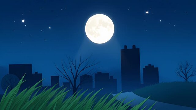 Illustration of a serene night with a full moon over a city skyline