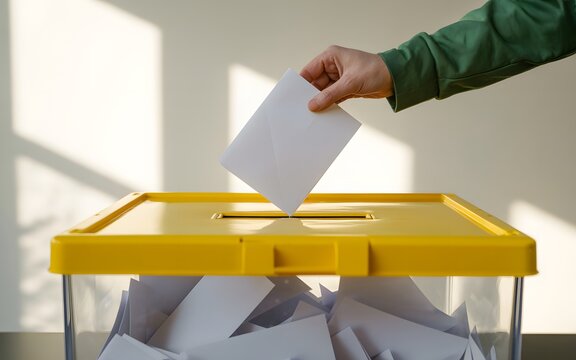 A hand casting a ballot into a yellow ballot box