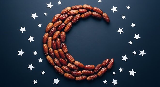 Crescent moon shape crafted with dates, surrounded by stars on a dark background