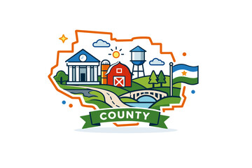 Obraz premium County depicted as a calm civic landscape with a boundary line, flag, and local landmarks, suggesting jurisdiction, belonging, and community