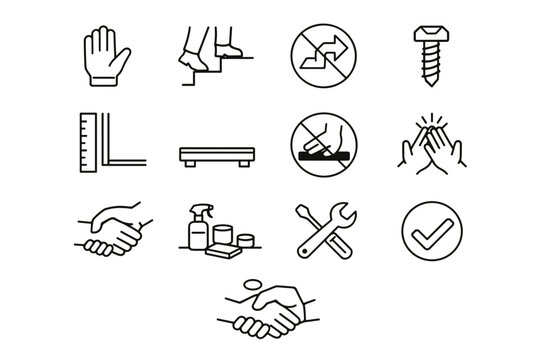Safe assembly process. Line icon set of Safe assembly process: hand protection, careful steps, no shortcut icon, secure screw, straight edge alignment, sturdy