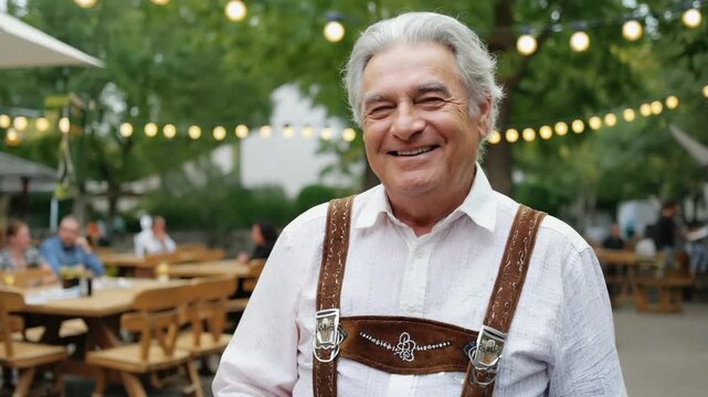 Happy senior caucasian man in traditional bavarian lederhosen toasting with a beer mug. Celebrating the oktoberfest festival in an outdoor beer garden in germany