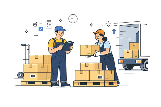 Warehouse loading process. Two warehouse workers unloading stacked boxes onto pallets, checking items as they work together. Calm, organized
