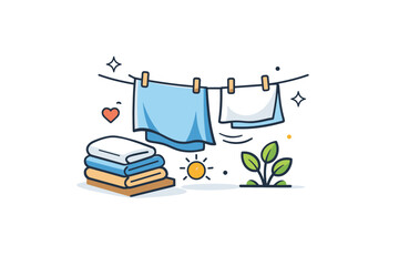 Fototapeta premium Air drying bed linens peaceful home moment where neatly folded sheets sway lightly in open air, symbolizing eco friendly living, softness and