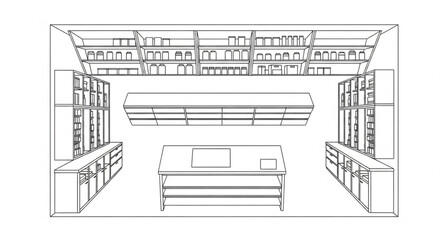 Detailed architectural drawing of a modern living room with furniture and shelving units.
