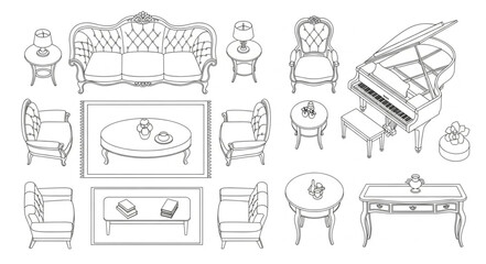 Elegant furniture collection featuring a sofa, chairs, tables, and a piano, all intricately designed. © Rose