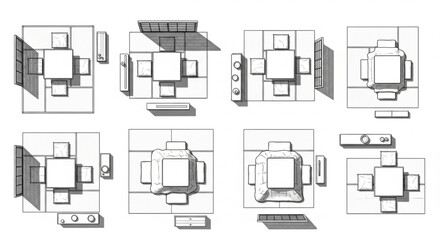 Architectural top-down view of various dining room furniture arrangements and layouts.
