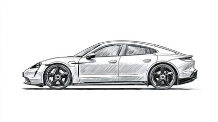 Fototapeta premium Modern sports car side view engraving sketch with aerodynamic lines, alloy wheels and sleek body design