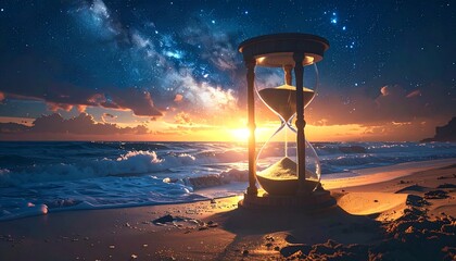A giant hourglass on the beach with galaxies flowing as sand at sunset.