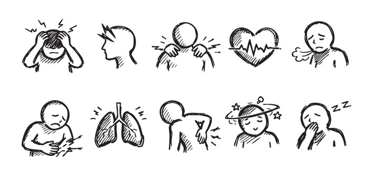 Hand-drawn vector illustration showing different body pain symptoms such as headache, heart issues, back pain, lung problems, and sleepiness. Ideal for healthcare and wellness content.