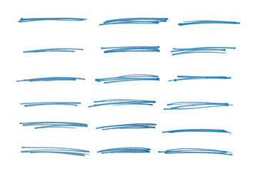 Fototapeta premium Set of blue hand drawn marker pen stroke line transparent background design element doodle scribble underline
