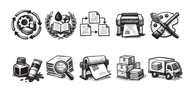 Set of hand-drawn style icons illustrating printing, publishing and design process, including recycling, ink, paper, art and transport. Great for infographics and educational materials.