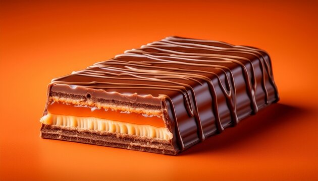 Chocolate Coated Cream Wafer Bar with Caramel Layer Isolated on Bright Orange Background