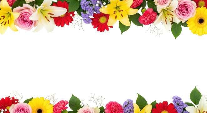Colorful spring flower border with roses, lilies, carnations, and gerberas isolated PNG with Transparent Background