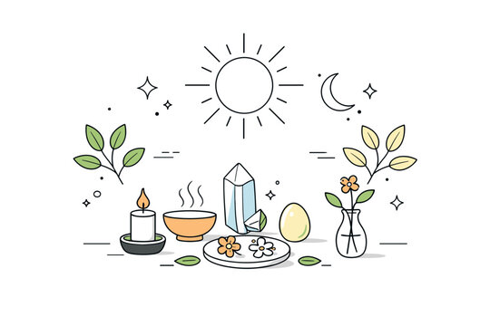 Spring equinox altar minimalism. Abstract ceremonial composition with sun symbols, leaves, and simple ritual objects placed neatly. Gentle seasonal transition