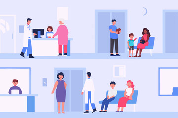 Fototapeta premium A busy hospital waiting room with doctors patients and families