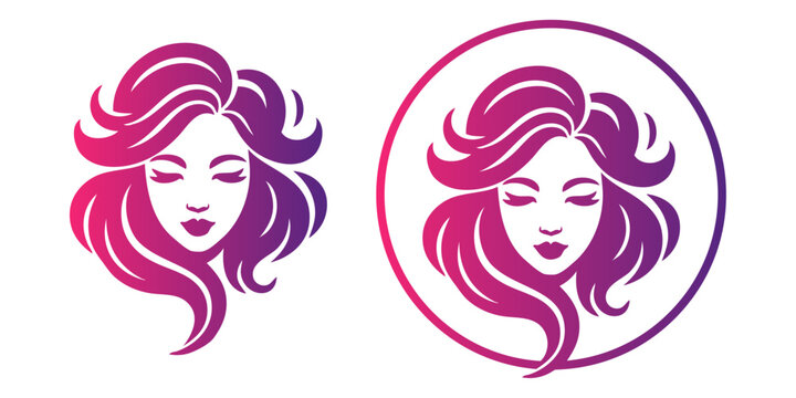 Logotipo de sal&oacute;n de belleza. Grupo de dibujos con cara de mujer con peinado con ondas dentro y fuera de un c&iacute;rculo