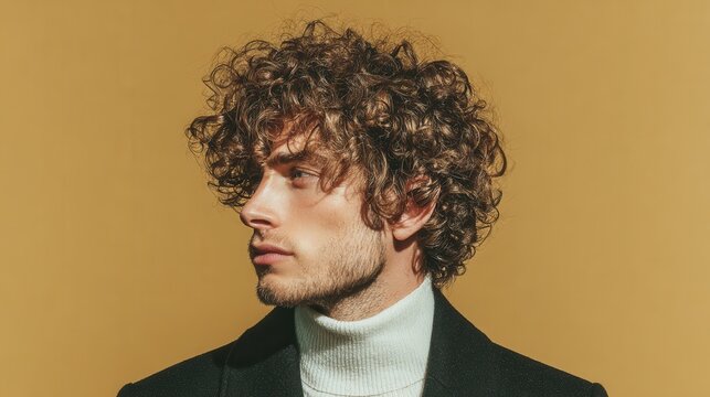 Elegant male model with curly hair wearing a black jacket and white turtleneck against a solid muted background with soft lighting.