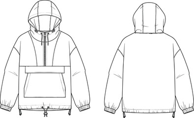 Technical fashion flat sketch of hooded anorak jacket showing front and back views with zipper, kangaroo pocket, drawstring hem for apparel design © MdMojibar