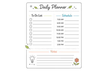 Daily planner concept. A simple daily page with a to-do list, time slots, and a small notes area, calm and intentional mood. The scene