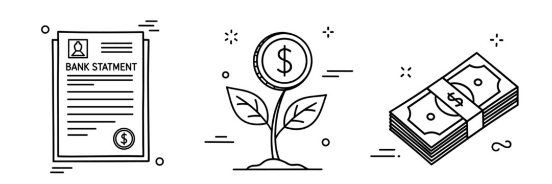 Financial growth illustration: bank statement, investment growth, and cash stack