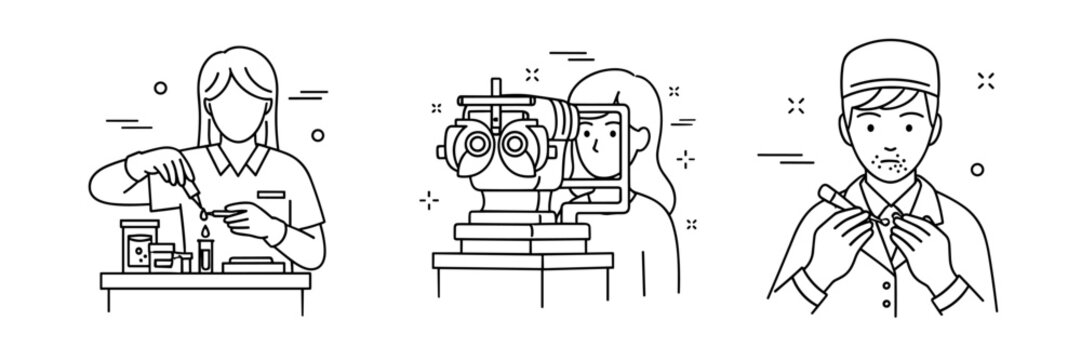 Line art illustration of optician, ophthalmologist, and patient with eye examination equipment