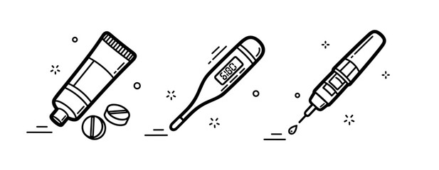 Medical supplies: pills, cream, thermometer, injection pen in line art design