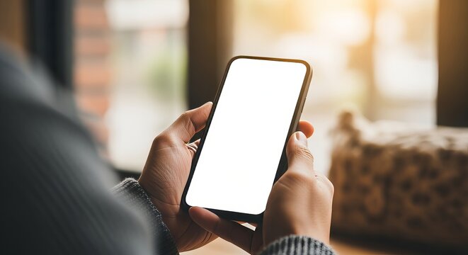 Hands Holding a New Mobile Smartphone with Blank White Screen for Advertising in Coffee Shop Setting